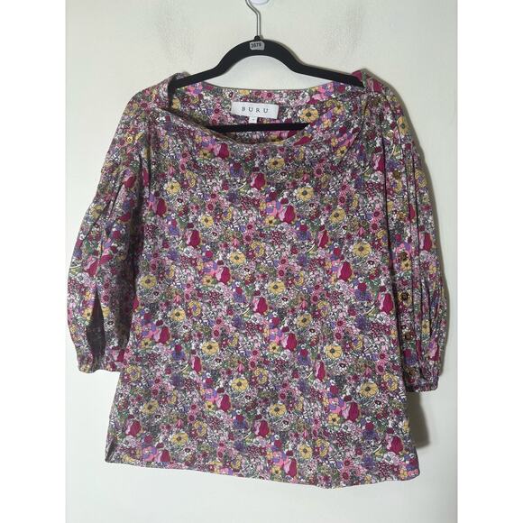 Buru Multicolor Floral Wide Neck Long Sleeve Cotton Shirt Sz S - Picture 1 of 2